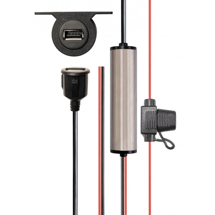 A set of components for a 2.4Amp USB charging port installation kit, including an aluminum housing, in-dash and under-dash hardware, a USB connector, a 2-wire hookup, and mounting screws.