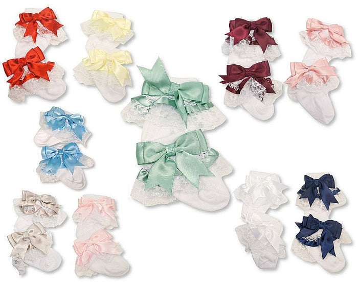 Baby Socks with Lace and Bow - 10 Colours (0-18M) (PK6) BW 61-2220