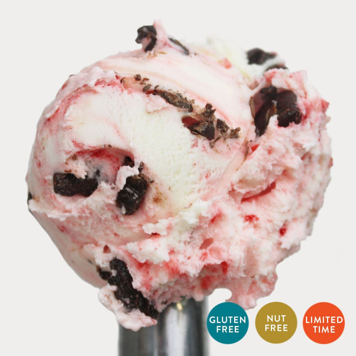 Ice cream scoop of Chocolate Covered Strawberry ice cream. This limited time flavor is Gluten Free, & Nut Free