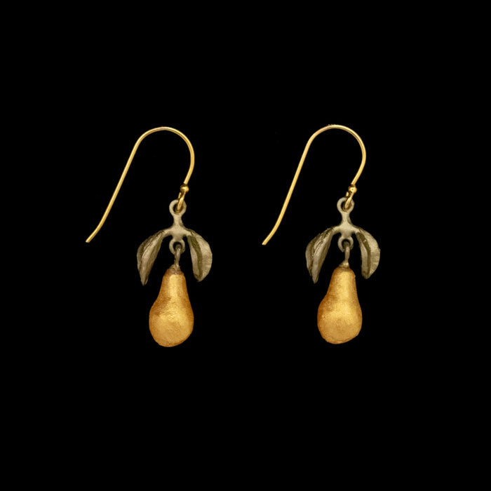 A pair of earrings featuring a golden pear design with leaf accents, suspended from gold-colored wires.