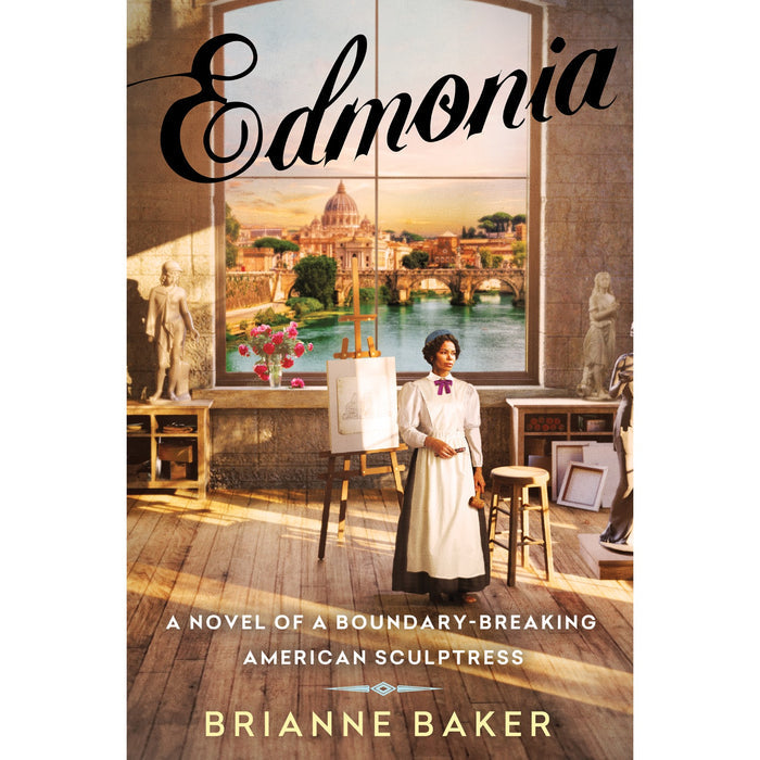 Book cover of 'Edmonia' by Brianne Baker, featuring a woman in a studio with art supplies.