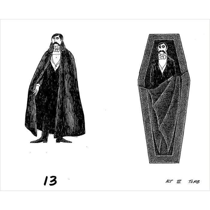Illustration of a man in a cloak and a coffin with a man inside, labeled '13' and 'Act III Tomb'.