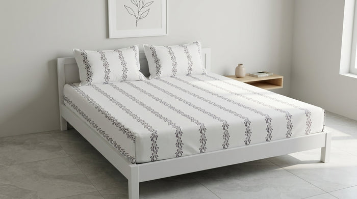 Cotton bed sheet with gray leaf stripe pattern
