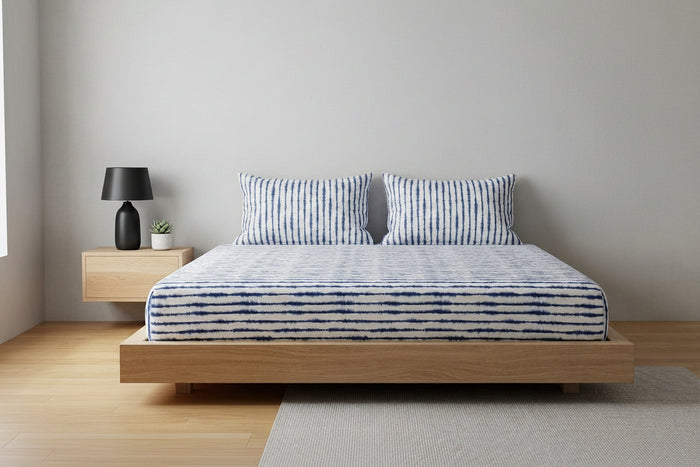 Blue and white striped cotton-poly bed sheet set with matching pillow covers