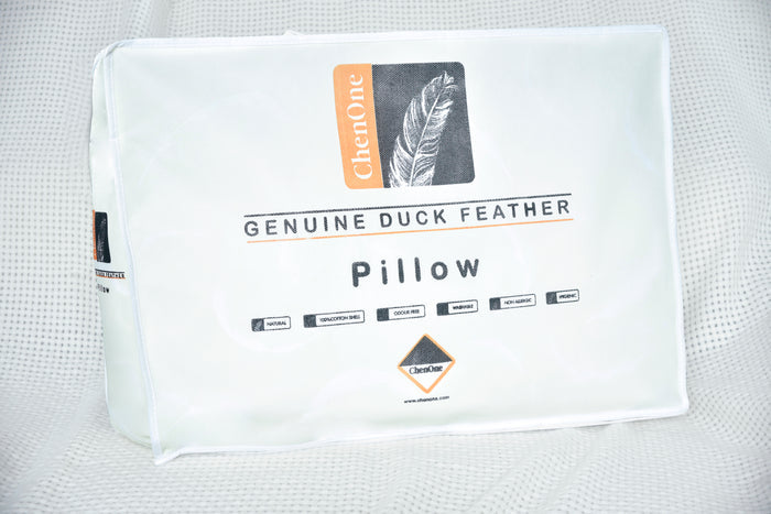 Duck feather pillow insert with Genuine Duck Feather branding label