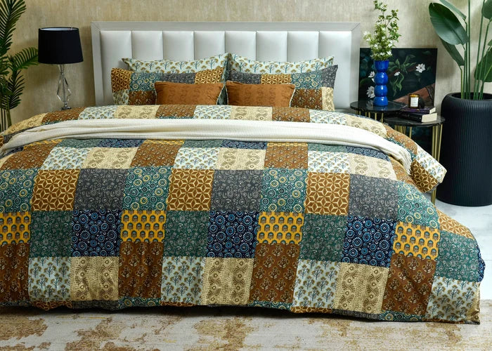Cotton summer quilt cover, patchwork geometric pattern in blue, teal, mustard, and brown