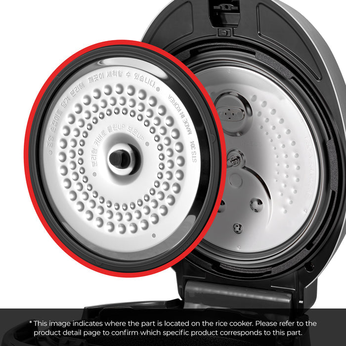 Detachable stainless steel inner lid shown highlighted in red on a Cuckoo rice cooker to indicate its placement. (00140-0038B0)