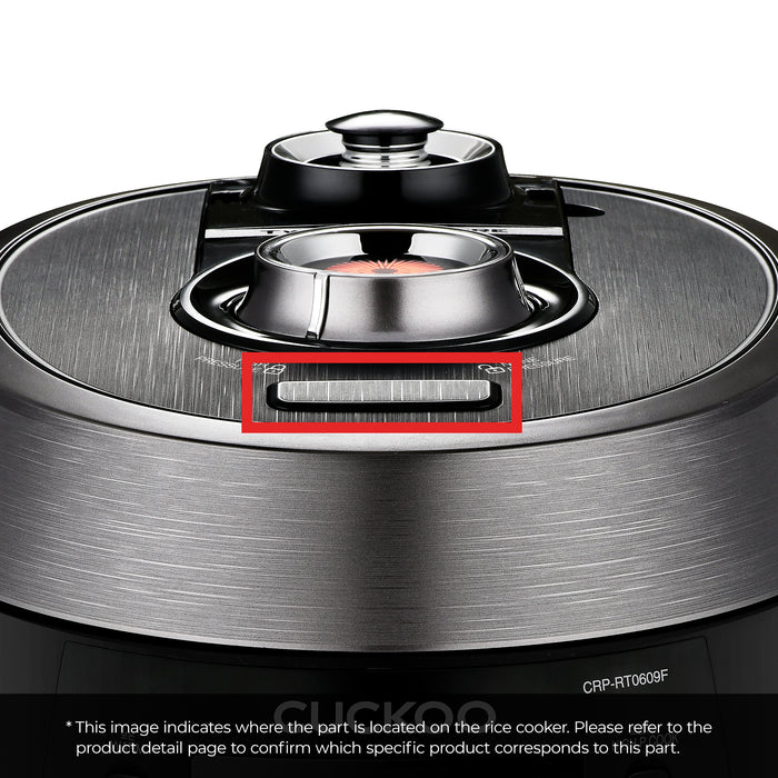 Close-up of a Cuckoo rice cooker lid with a red rectangular frame highlighting the specific part location.