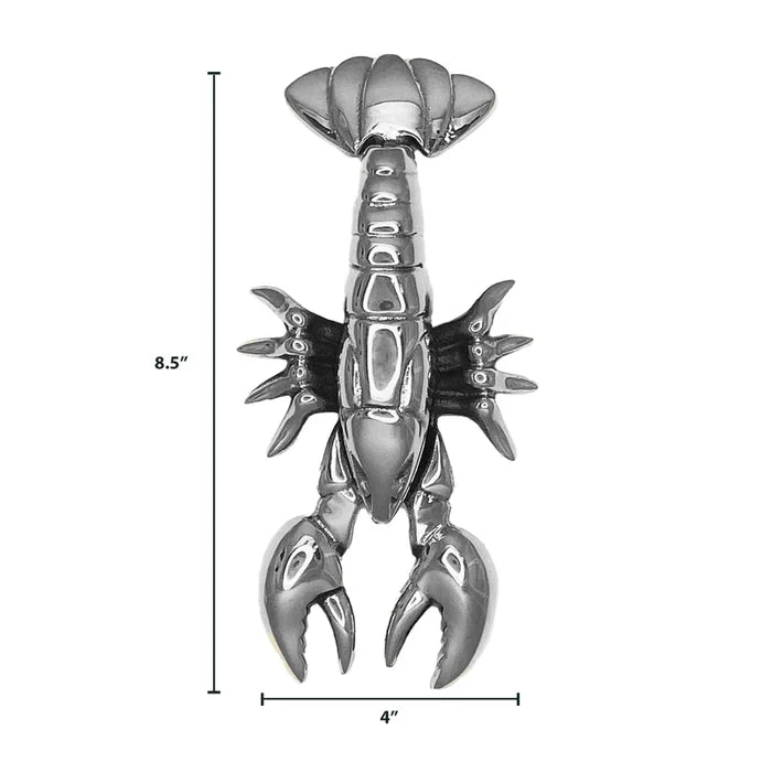 Silver lobster door knocker with measurements on a white background