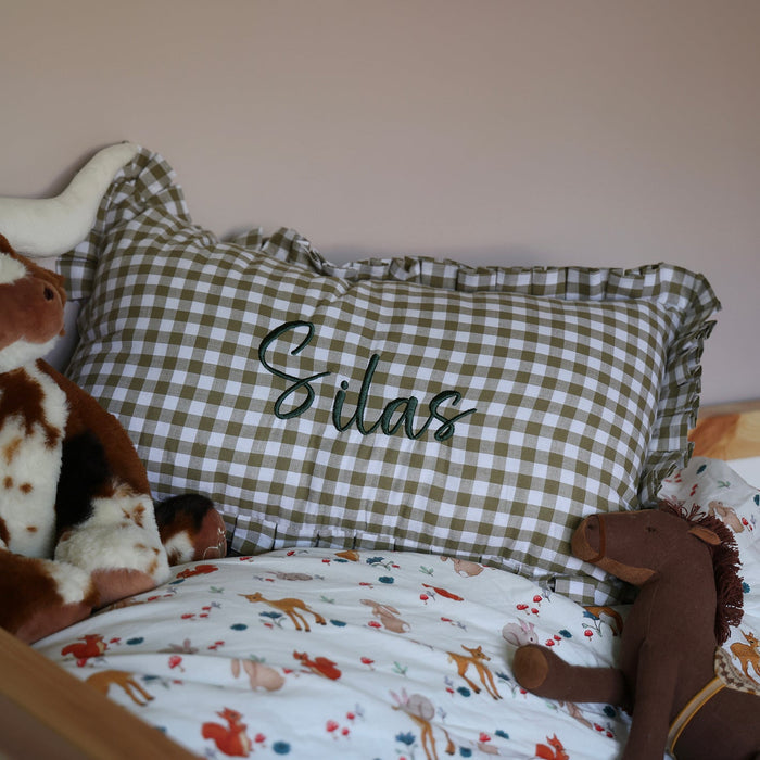 Mabel & Fox - Personalised Gingham Ruffle Cushion Cover - Olive Green