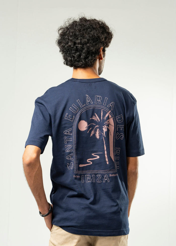 Men's navy blue short-sleeve T-shirt with round neck and large back palm graphic
