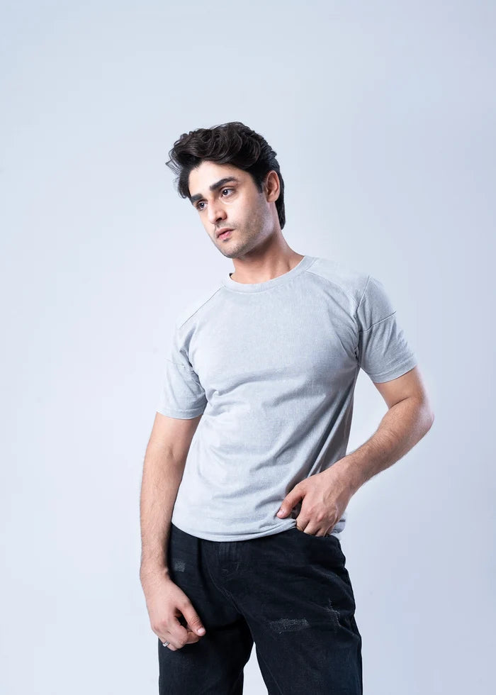 Men's light grey crew-neck t-shirt, angled front view with short sleeves