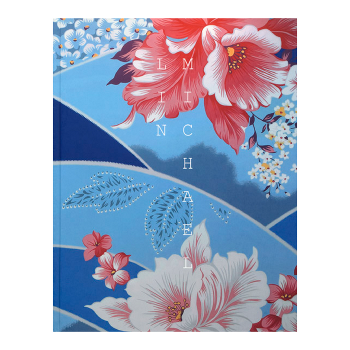 Cover of the book 'Michael Lin: Occupying Space' featuring a vibrant floral pattern on a blue background with the artist's name.