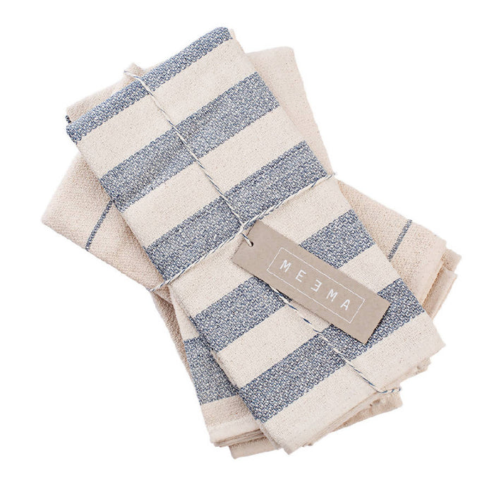 A set of four folded striped kitchen towels in natural and blue denim colors.