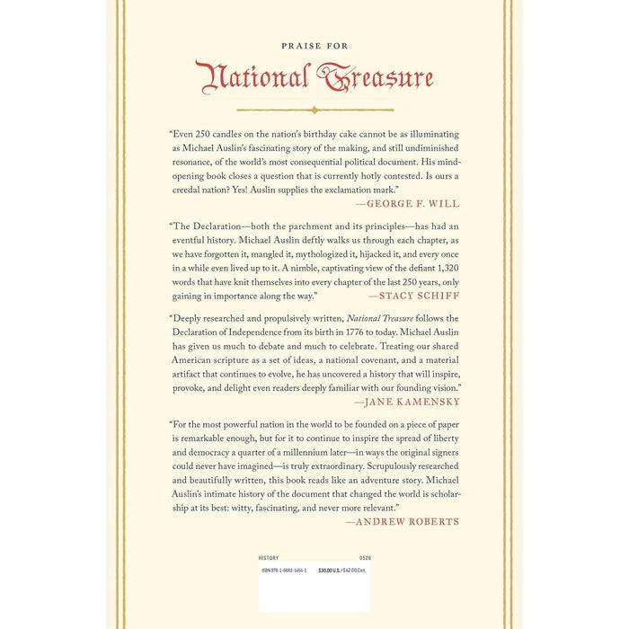 Back cover with Praise for 'National Treasure' with quotes from various authors on a yellow background