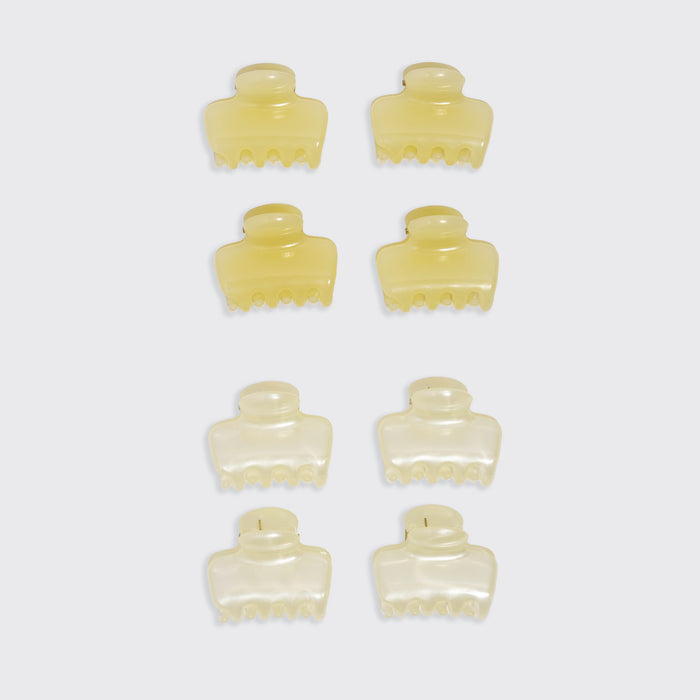 KITSCH Pearlized Cream & Butter Yellow Jelly Cloud Clips Mini — flat lay grid showing all 8 clips in 4 rows of 2 on white background — butter yellow clips top half, pearlized cream clips bottom half — All-Day Hold | 8pcs, Made from Recycled Materials — mini jelly claw clip color comparison shot