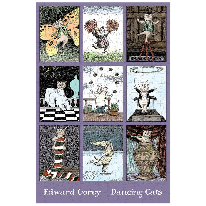 Collage of illustrations of cats in various poses with 'Edward Gorey Dancing Cats' text.