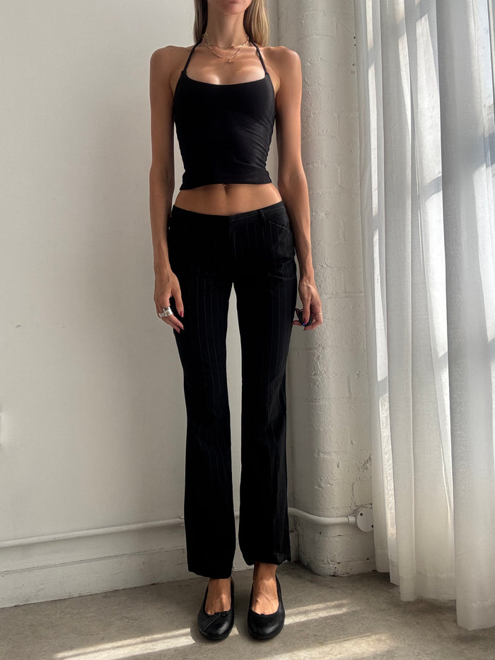 Vintage 90s Black Low Rise Pinstripe Straight Leg Trousers - Size XS