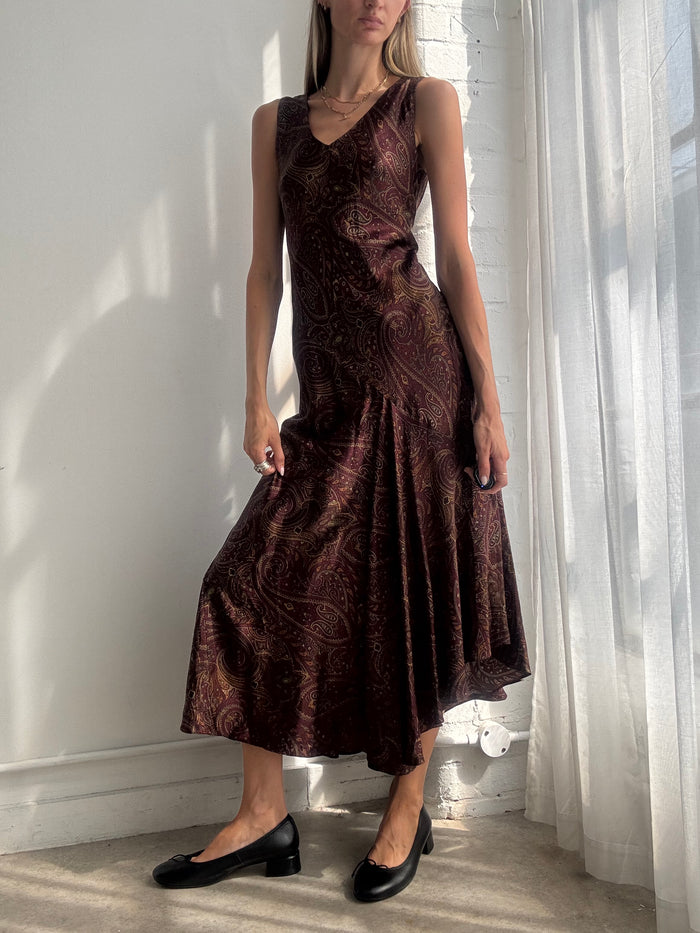Vintage Y2K Ralph Lauren Burgundy Paisley Bias Cut Silk Maxi Dress - Size M