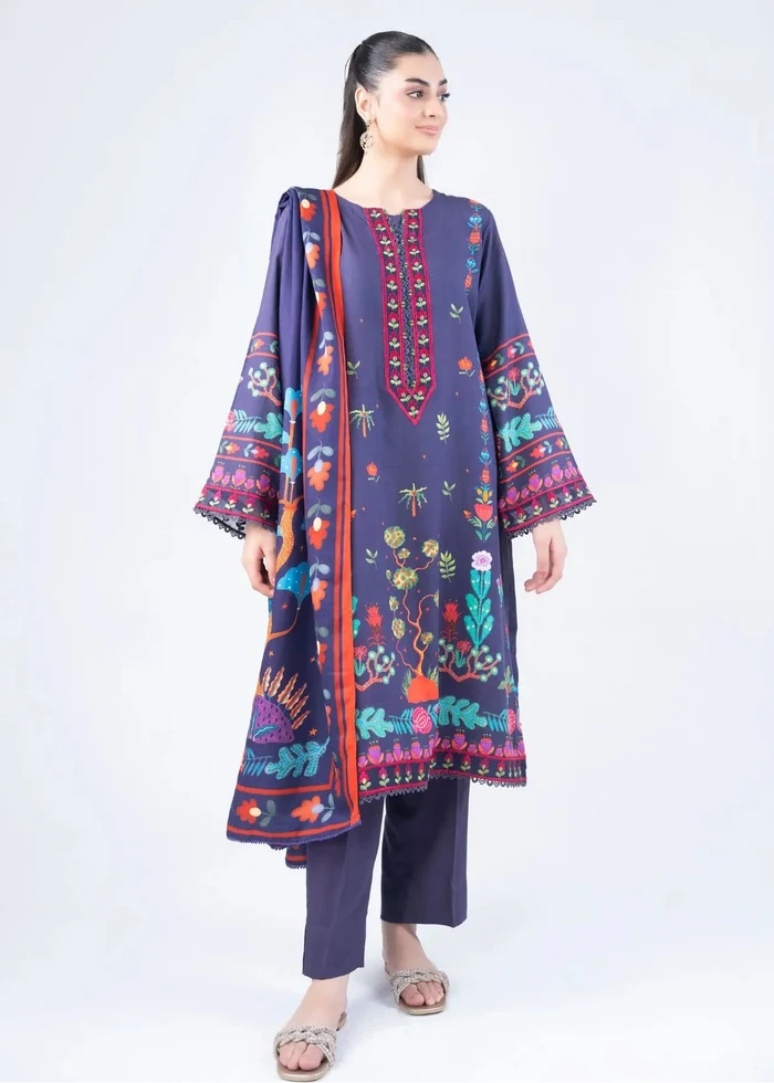 Women's winter 3-piece suit: printed navy kurta with wide sleeves, pants, dupatta
