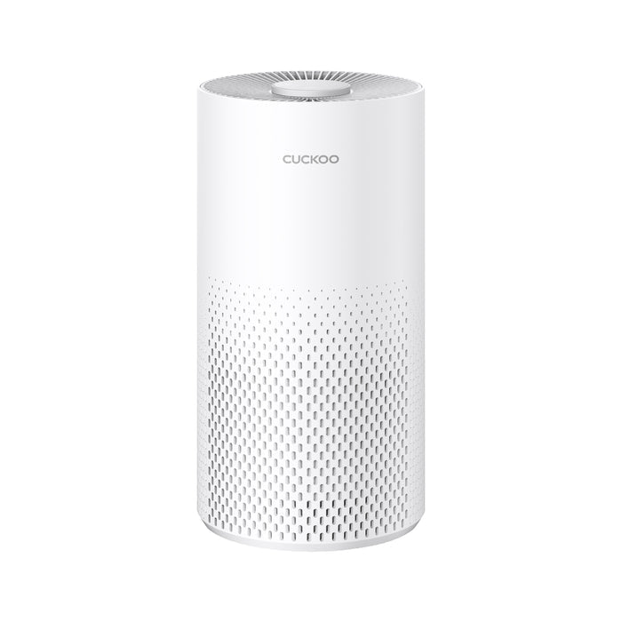 CUCKOO 3-in-1 cylindrical white air purifier with a minimalist design and perforated intake vent pattern. (CAC-I0510FW)
