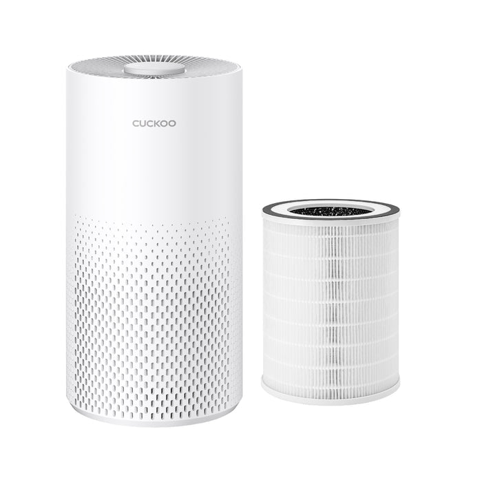CUCKOO cylindrical white air purifier shown with its cylindrical HEPA filter cartridge positioned next to it. (CAC-I0510FW)
