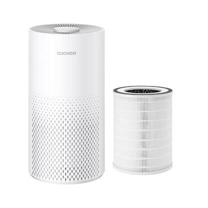 CUCKOO cylindrical white air purifier shown with its cylindrical HEPA filter cartridge positioned next to it. (CAC-I0510FW)