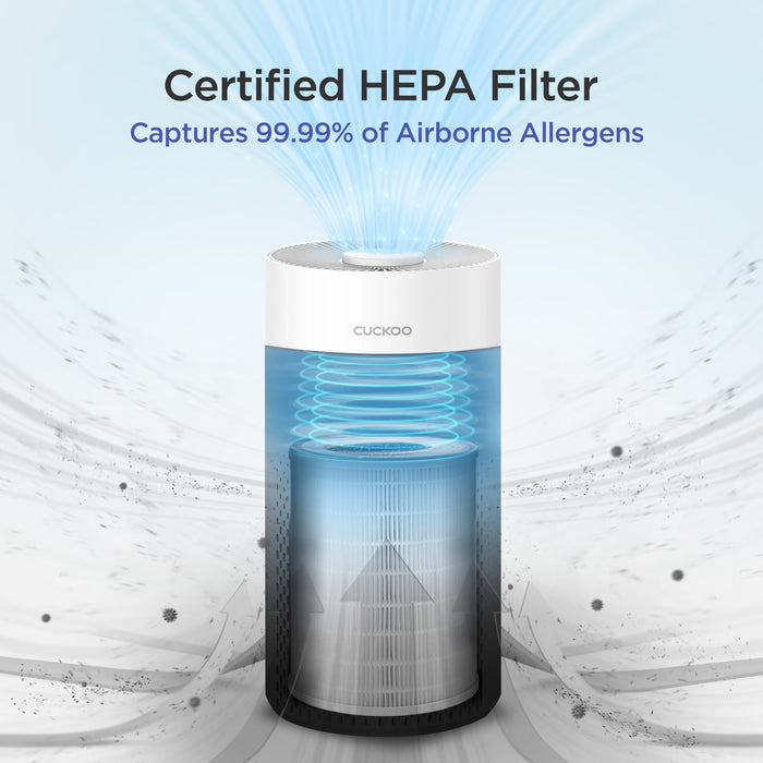 A CUCKOO air purifier cutaway diagram showing the HEPA filter and airflow, with text: Certified HEPA Filter Captures 99.99%. (CAC-I0510FW)