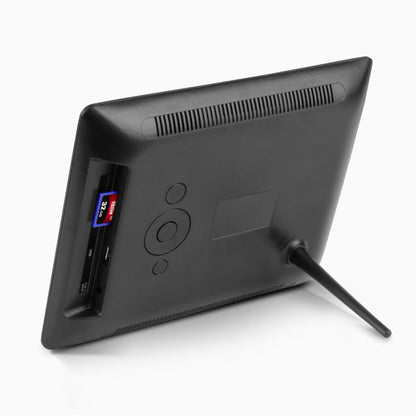 Black digital photo frame back with speaker grille and power port