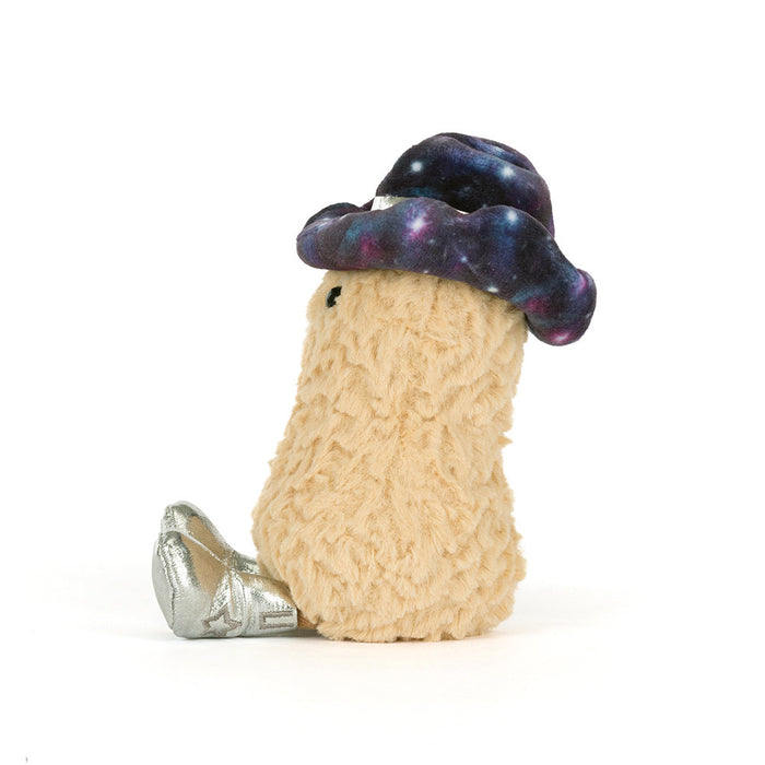 Toy figure of a character with a galaxy-patterned hat and silver shoes on a white background