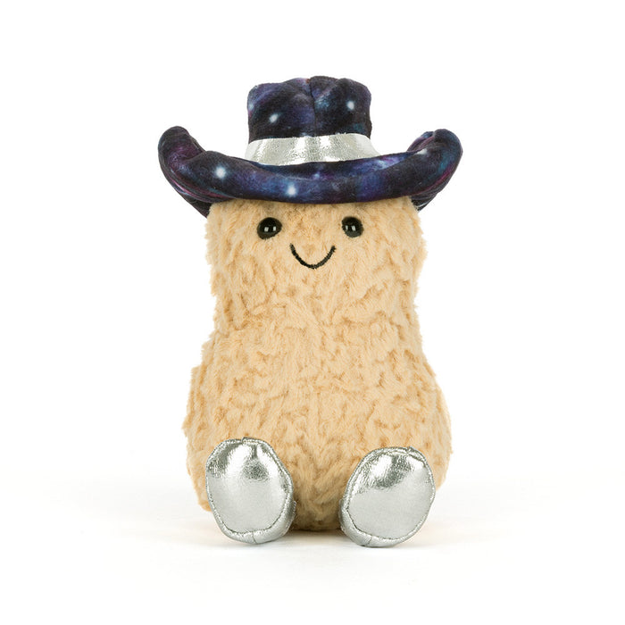 Plush toy peanut resembling a cowboy with a galaxy-patterned hat on a white background
