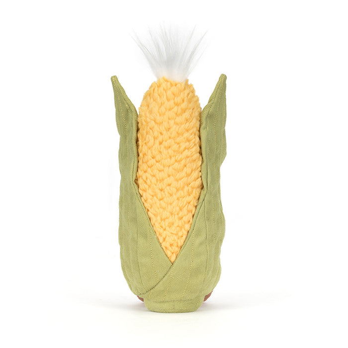 Corn-shaped plush toy with green husk on a white background