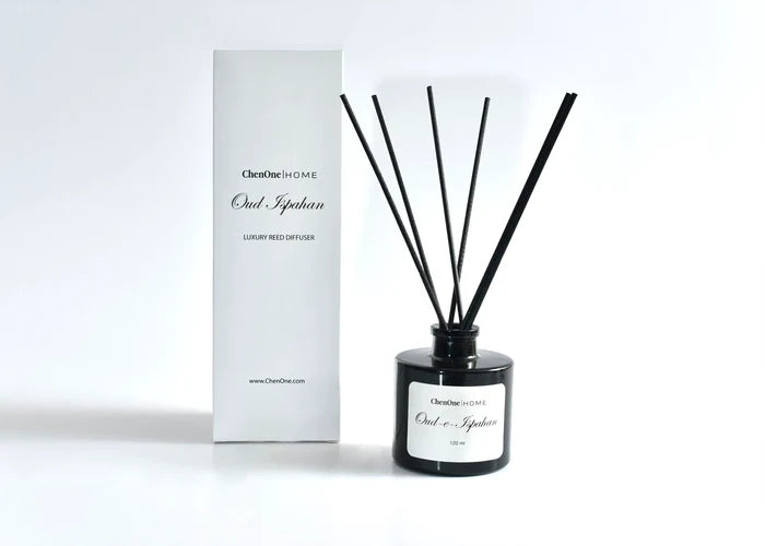 Black reed diffuser with dark reeds and white boxed packaging