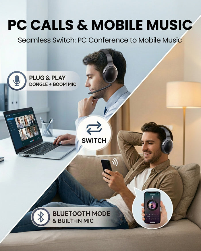 Aria Pro 3 Wireless Headset with Microphone for PC, dual connection with PC and phone for seamless switching between calls and work.
