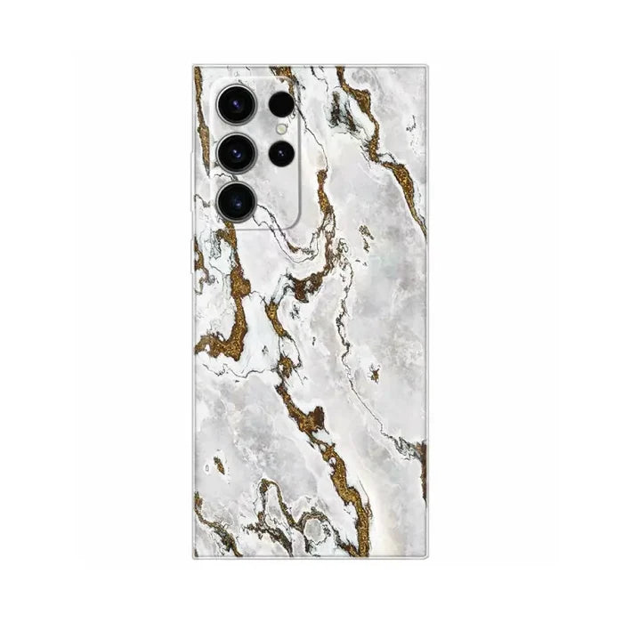 a white marble phone case with a gold and silver marble pattern