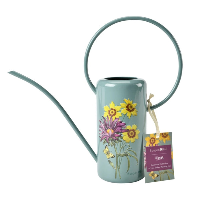 Teal watering can with floral design on a white background