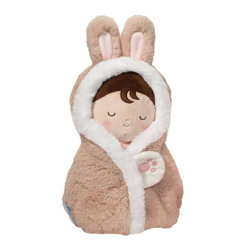 Plush toy with a hood resembling a rabbit, on a white background