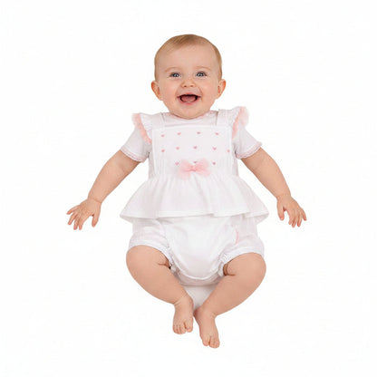 Baby Girls 2 pcs Short Dungaree Set with Bow - Hearts (NB-9m) (PK6) - BIS-2120-6399