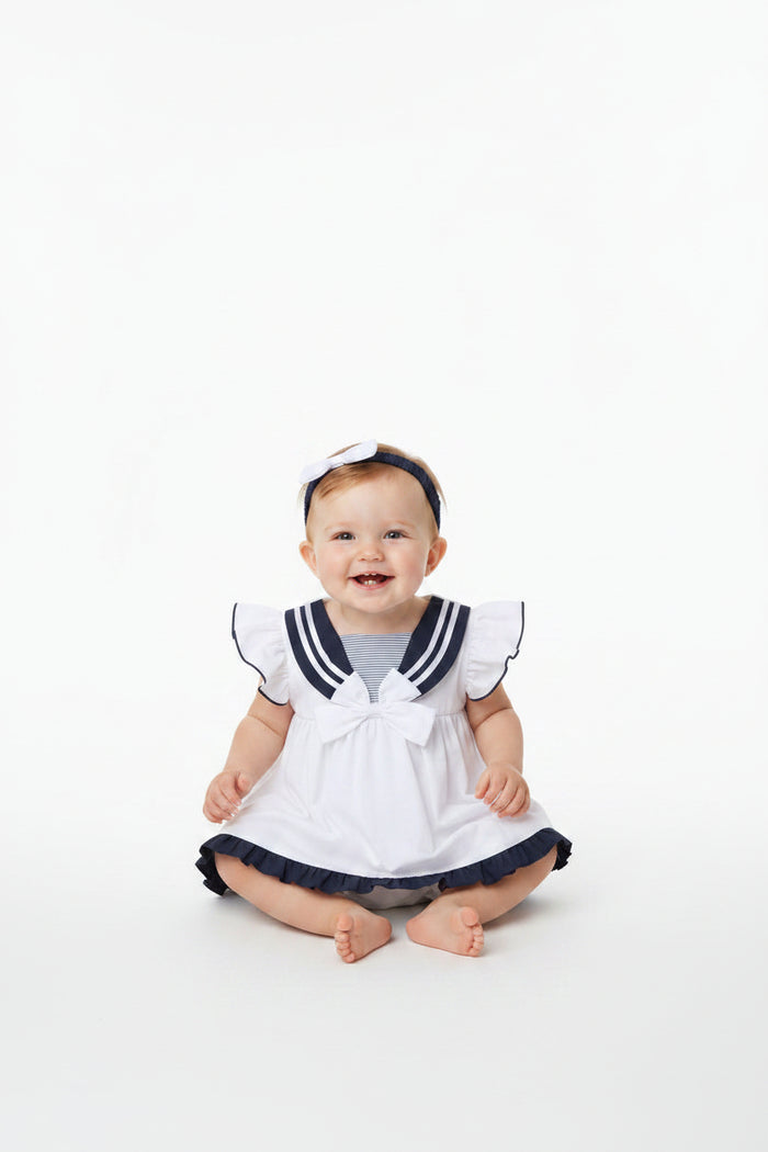 Baby Girls Dress, Pant & Headband Set - White/Navy/Pink (0-9m) (PK6) H12816NB