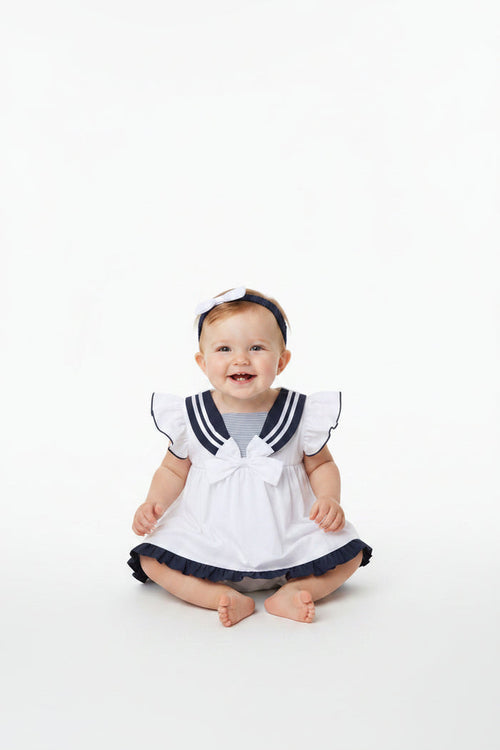 Baby Girls Dress, Pant & Headband Set - White/Navy/Pink (0-9m) (PK6) H12816NB