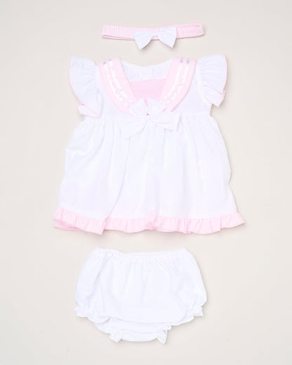 Baby Girls Dress, Pant & Headband Set - White/Navy/Pink (0-9m) (PK6) H12816NB