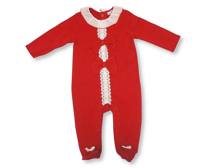 Baby Girls Long Romper with Lace and Bow (NB-6m) (PK6) - BIS-2020-2722