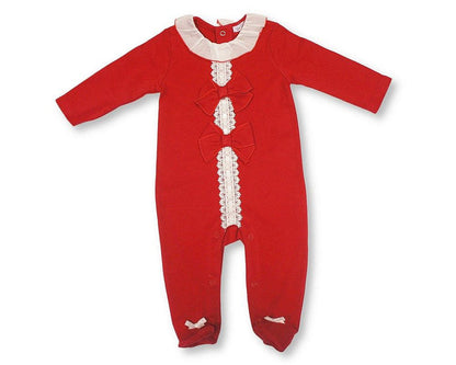 Baby Girls Long Romper with Lace and Bow (NB-6m) (PK6) - BIS-2020-2722