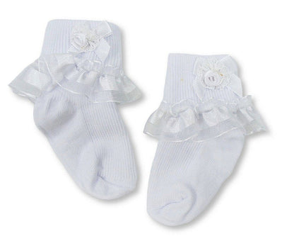 Baby Girls Socks with Satin Lace and Rosebud Bow (0-18m) (PK12) BW-61-2250