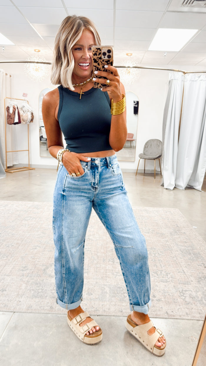 Basic Highneck Crop Top-Forest Night