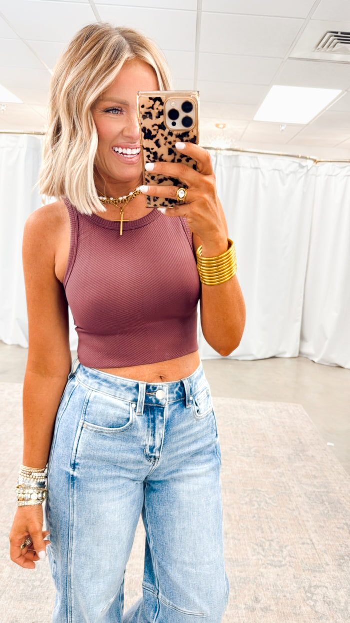 Basic Highneck Crop Top-Plum