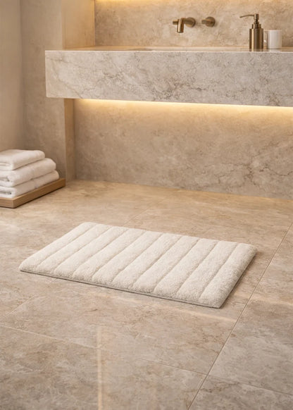 White polyester bath mat with ribbed texture on bathroom tile floor