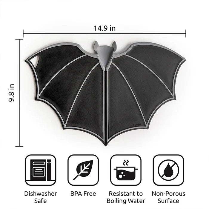 Bat-shaped product with dimensions and safety feature icons on a white background