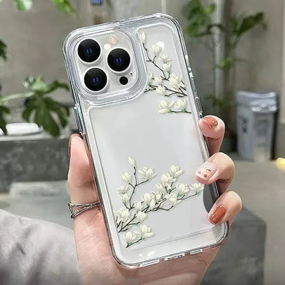 a woman holding a white flower phone case