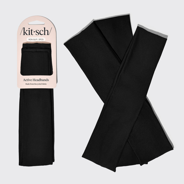 KITSCH Black Active Headbands — hero product shot of black active headbands 3-piece set — soft, stretchy design keeps hair in place during workouts and lounging